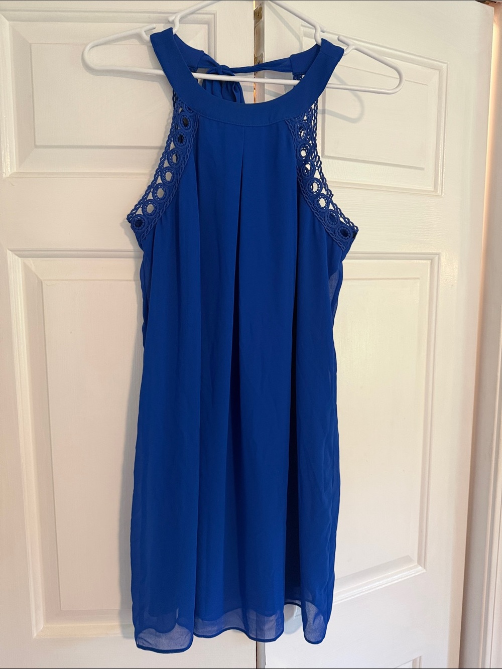Iz Byer Royal Blue Halter Mini Dress with Crochet Shoulders